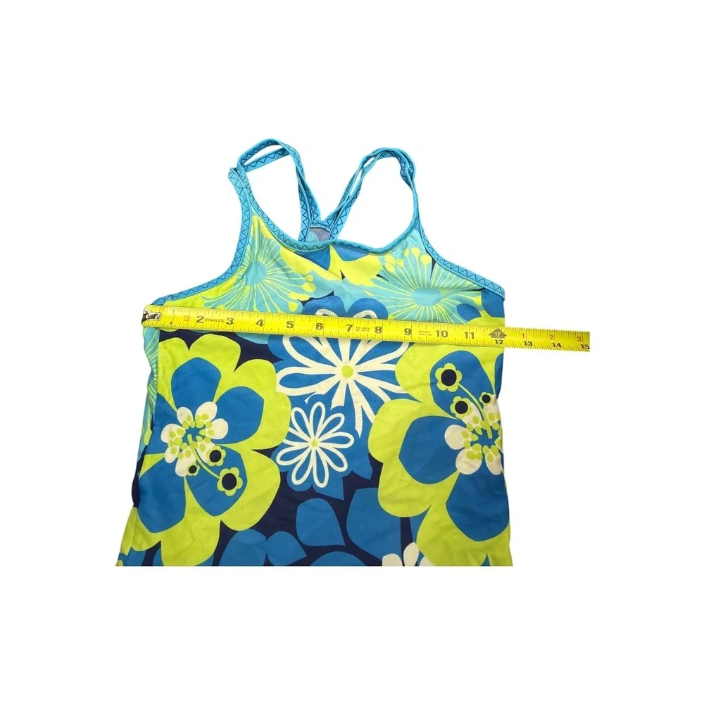 LL Bean Girls Blue Lime Green Floral Tankini Swim Top Racerback‎ Size 10-12